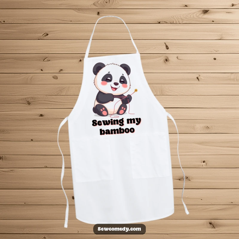 Funny panda apron with a smiling cub holding needle and thread, perfect for bakers.
