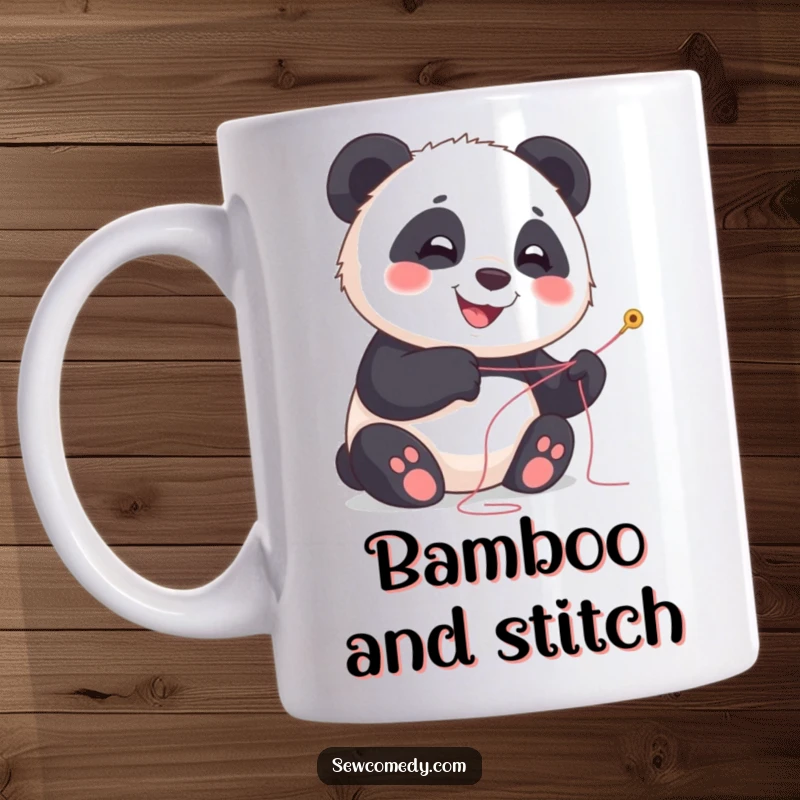 Funny panda mug showing a happy cub smiling while holding a needle and thread, crafter gift.