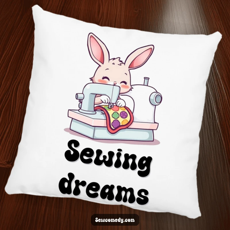 Funny bunny operating a sewing machine, stitching a patch, bringing a sense of calm creativity and humor. A cozy funny gift.