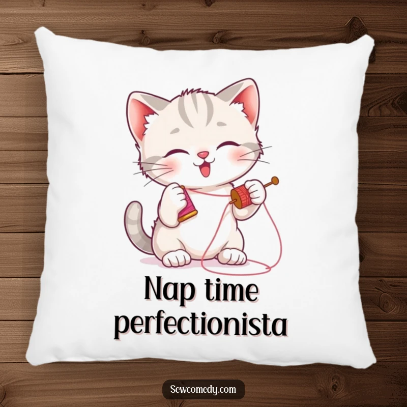 Funny kitten pillow with a playful cat batting a needle and thread, perfect cozy decor.
