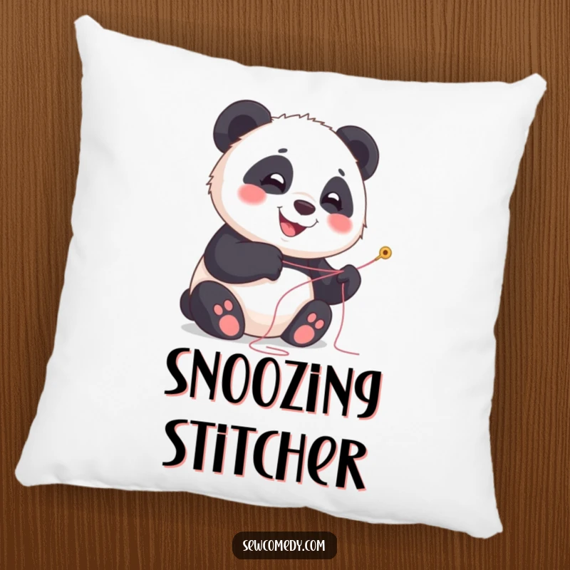 Funny panda pillow with a smiling cub holding needle and thread, cozy home decor.