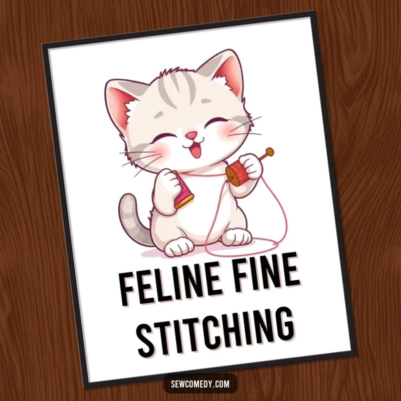 Funny kitten digital art print of a playful cat batting a needle and thread, printable decor.