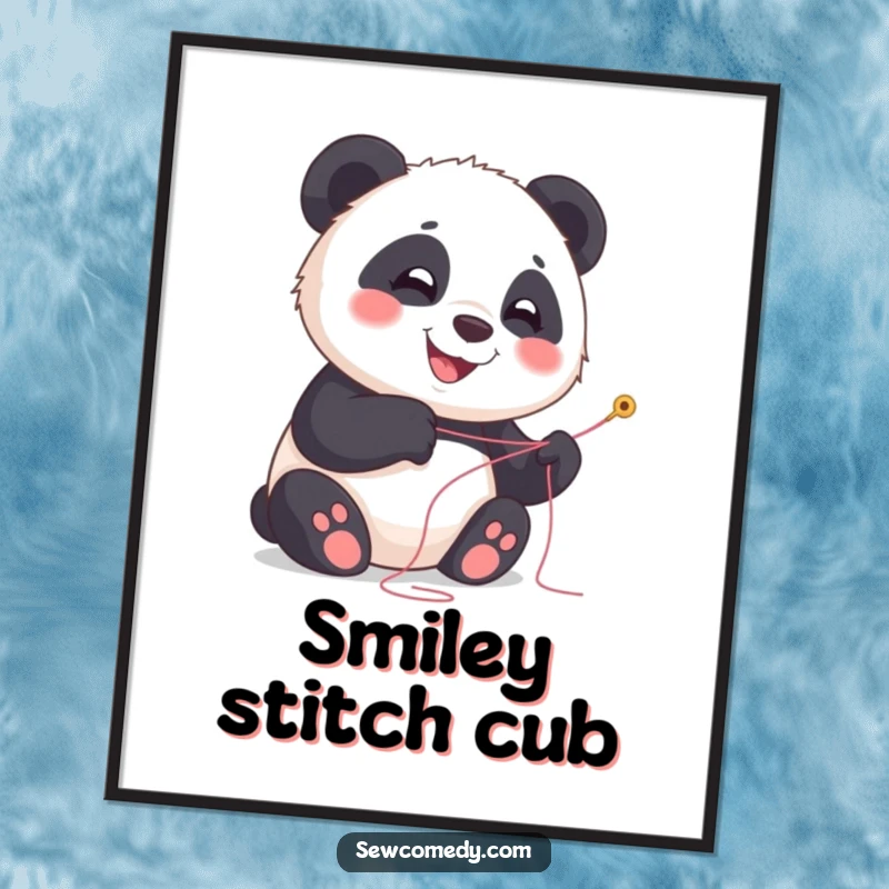Funny panda digital art print of a smiling cub holding needle and thread, printable decor.