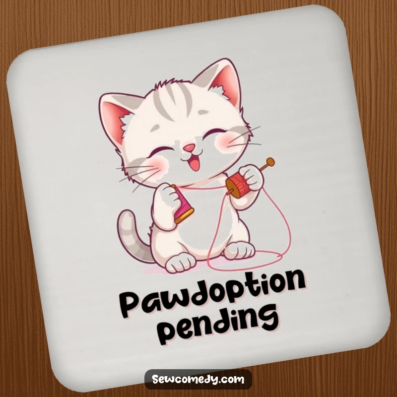 Funny kitten coasters with a playful cat batting a needle and thread, protecting tables.