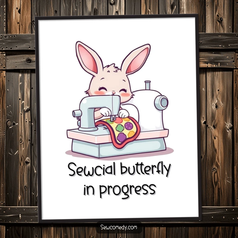 Funny Free Printable Wall Art: Cheerful bunny diligently operating a sewing machine, stitching a colorful patch, crafty fun.