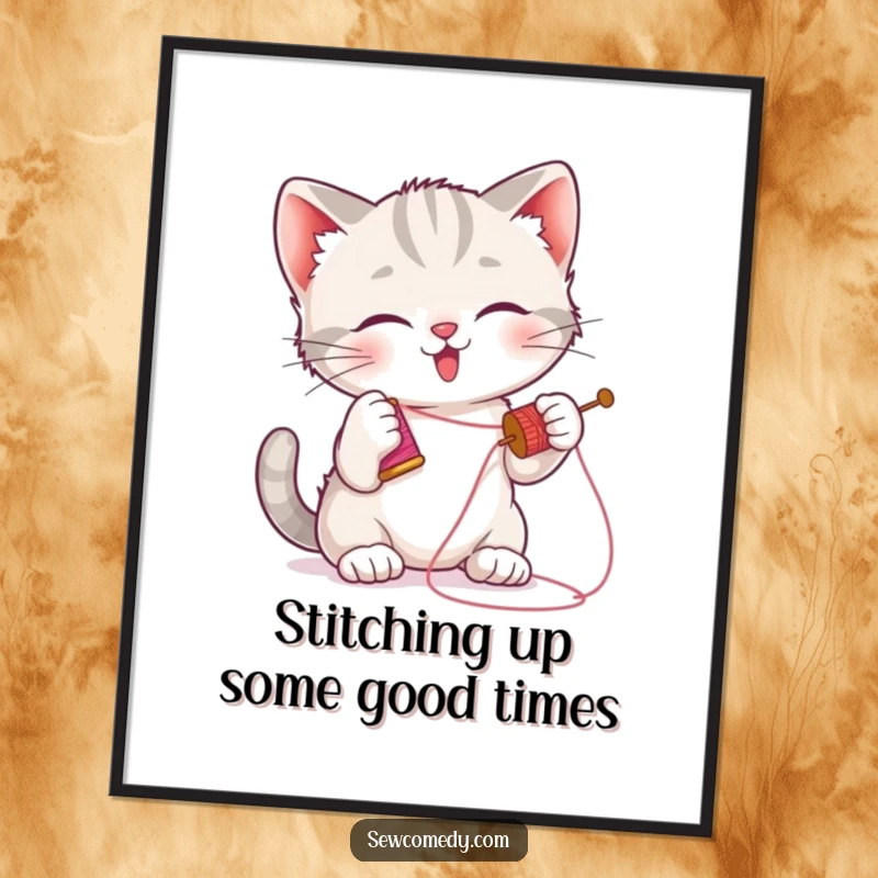 Funny free printable wall art of a playful kitten batting at a needle, holding a spool of thread, ready for mischief.