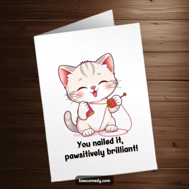 Funny free printable congratulations card showing a kitten hilariously batting at a needle with its paw, tangled in thread.