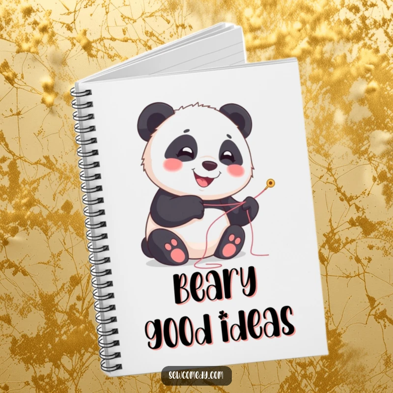 Funny panda notebook with a smiling cub holding needle and thread, great for journaling.