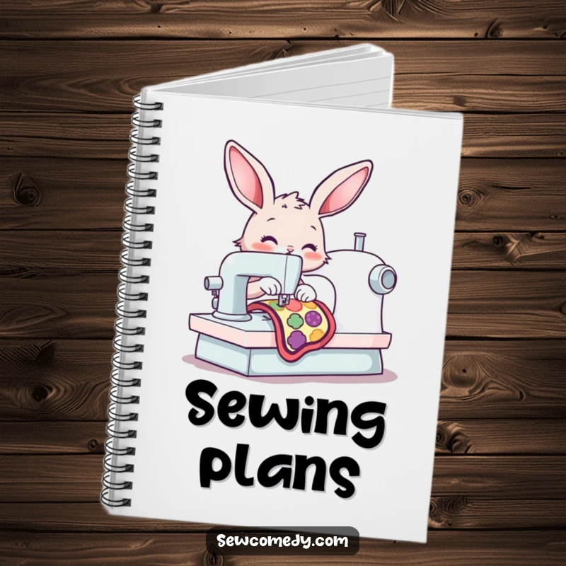 Funny bunny operating a sewing machine, stitching a patch, symbolizing creativity and dedication for note-taking. A delightful funny gift.
