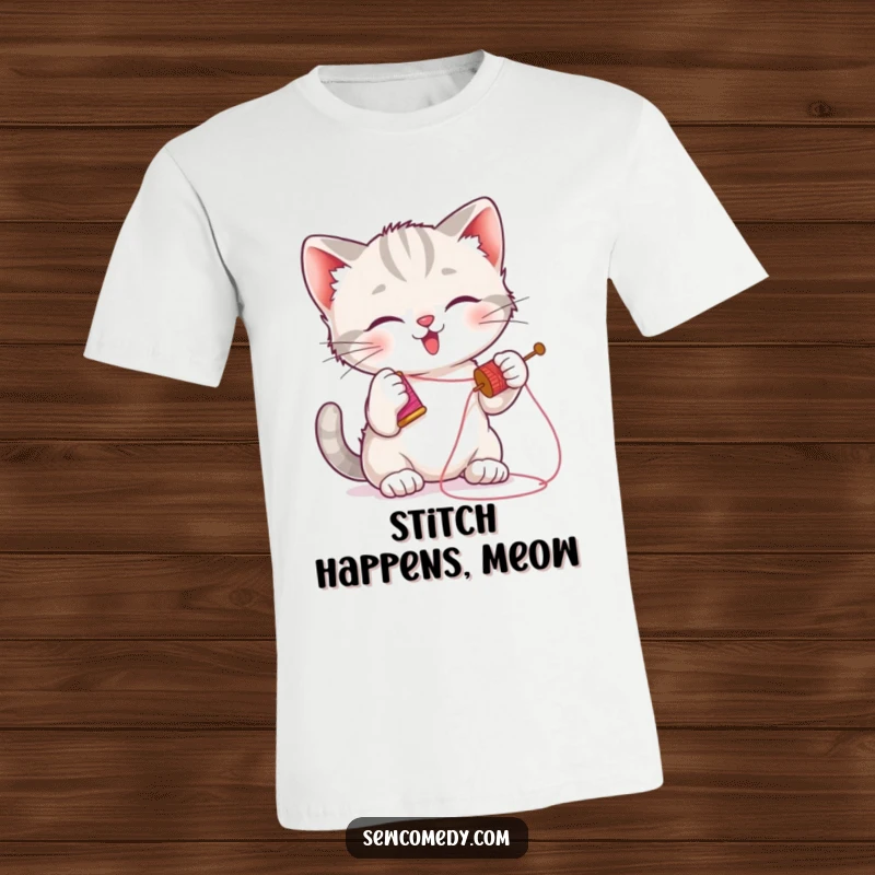 Funny kitten t-shirt featuring a playful cat batting at a needle and thread, ideal for sewing enthusiasts.