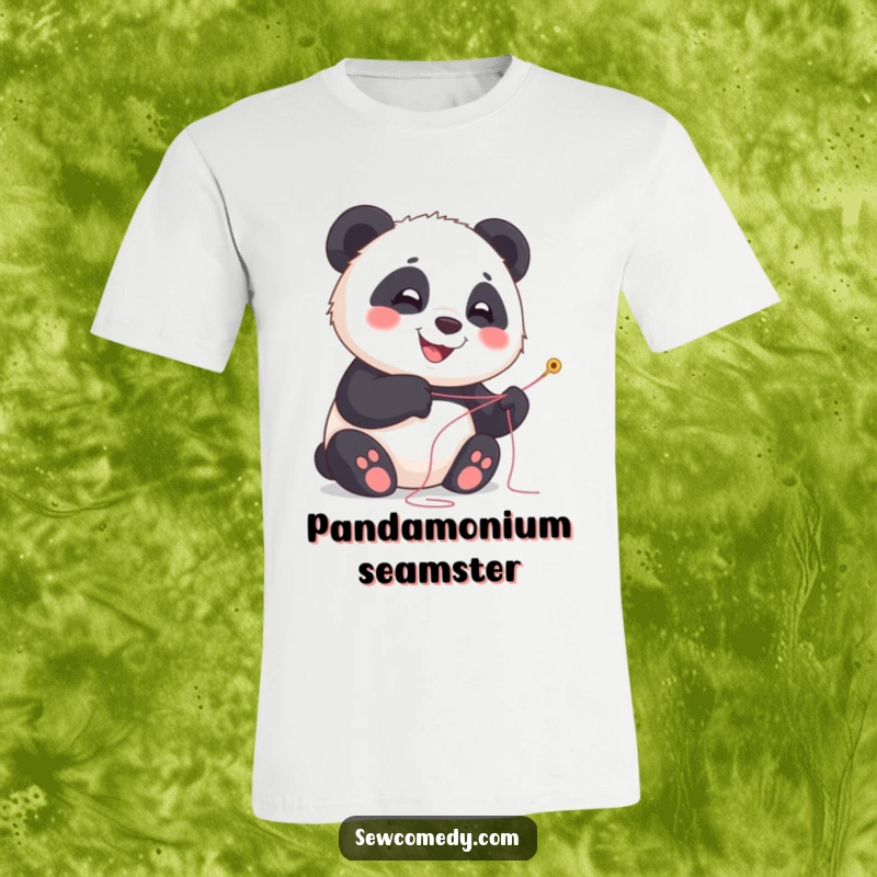 Funny panda t-shirt with a happy cub smiling while holding needle and thread, sewing apparel.